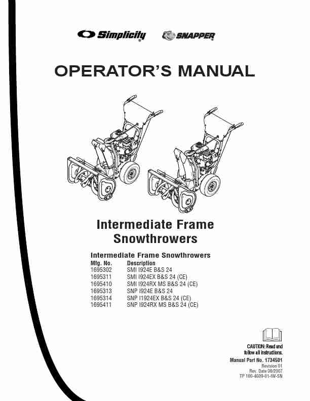 Snapper Snow Blower SMI I924E B&S; 24-page_pdf